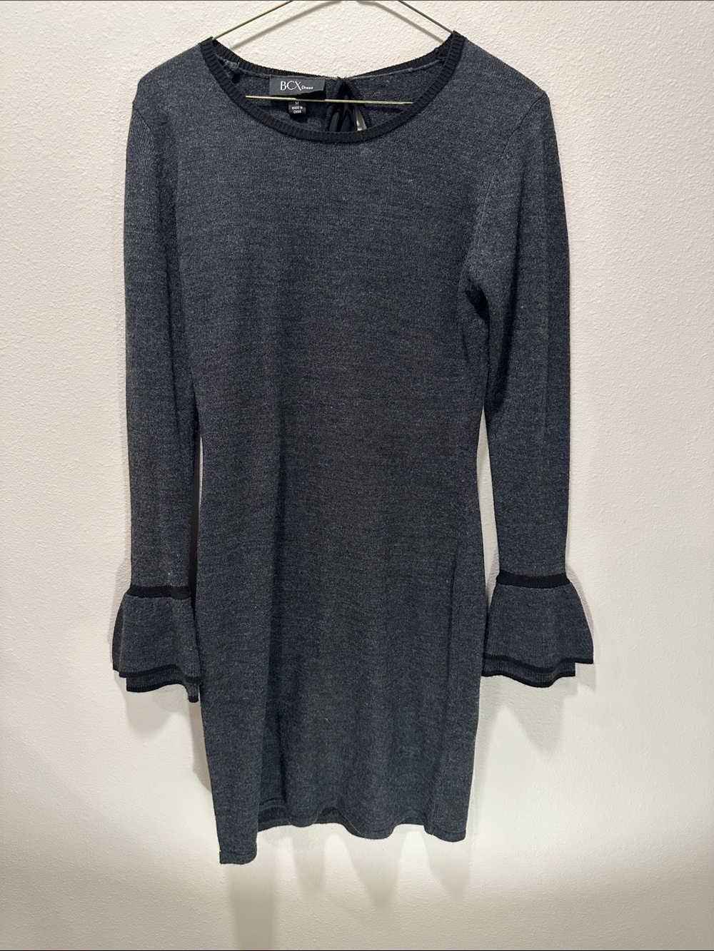 BCX Charcoal Gray Long-Sleeve Knit Dress with Ruffle Cuffs